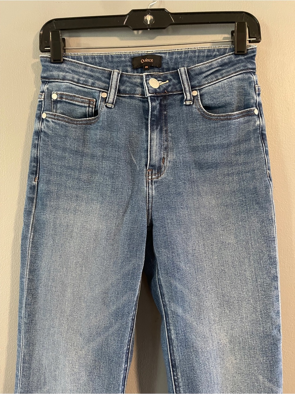 Quince Bella Stretch Straight Jeans Twilight Blue Fray Size 26 - Picture 10 of 15